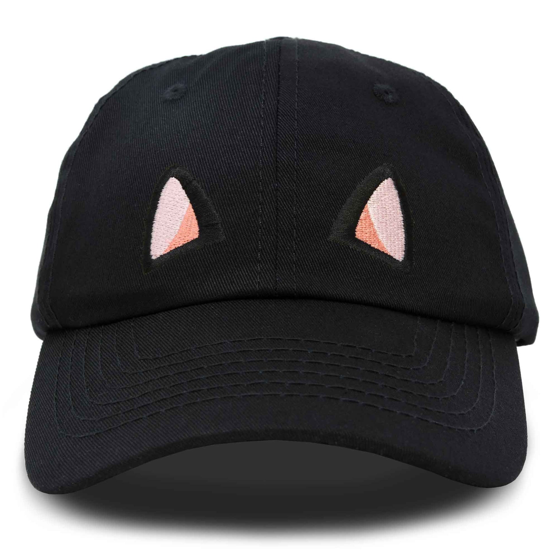 A black baseball cap with embroidered black cat ears on the front.
