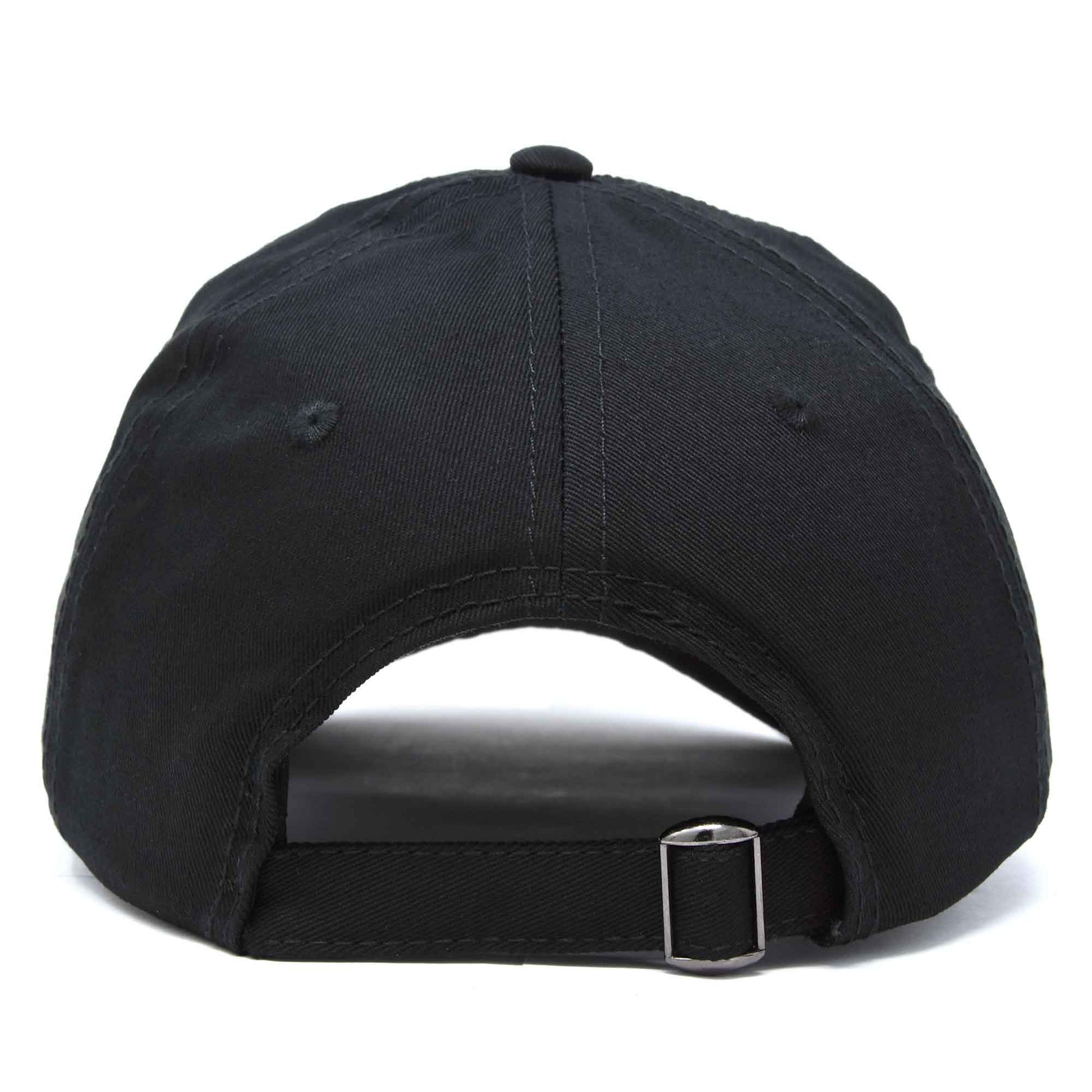 Back view of black baseball cap with embroidered black cat ears on the front.