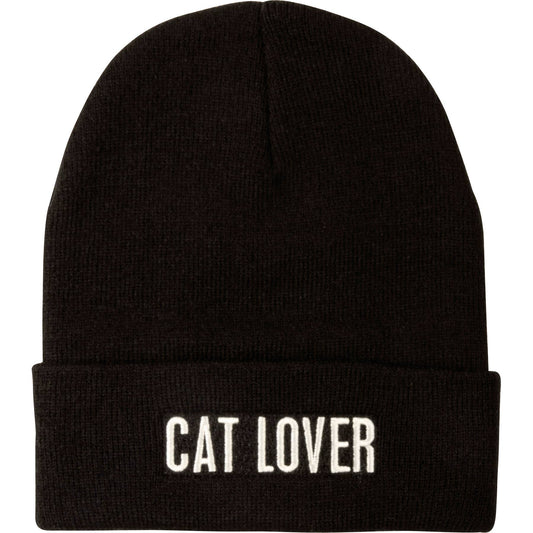 A black beanie with 'Cat Lover' embroidered on the front in white text.