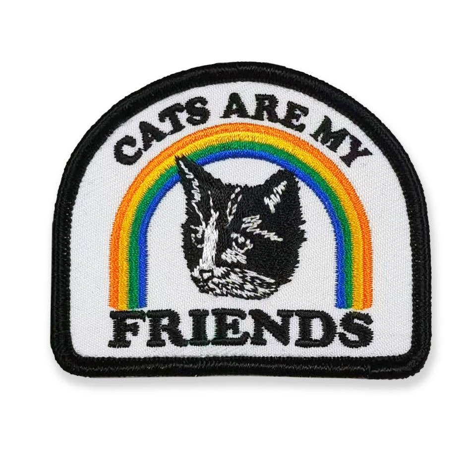 Embroidered patch with a rainbow and cat illustration, featuring the text 'Cats are my friends' on a white background.