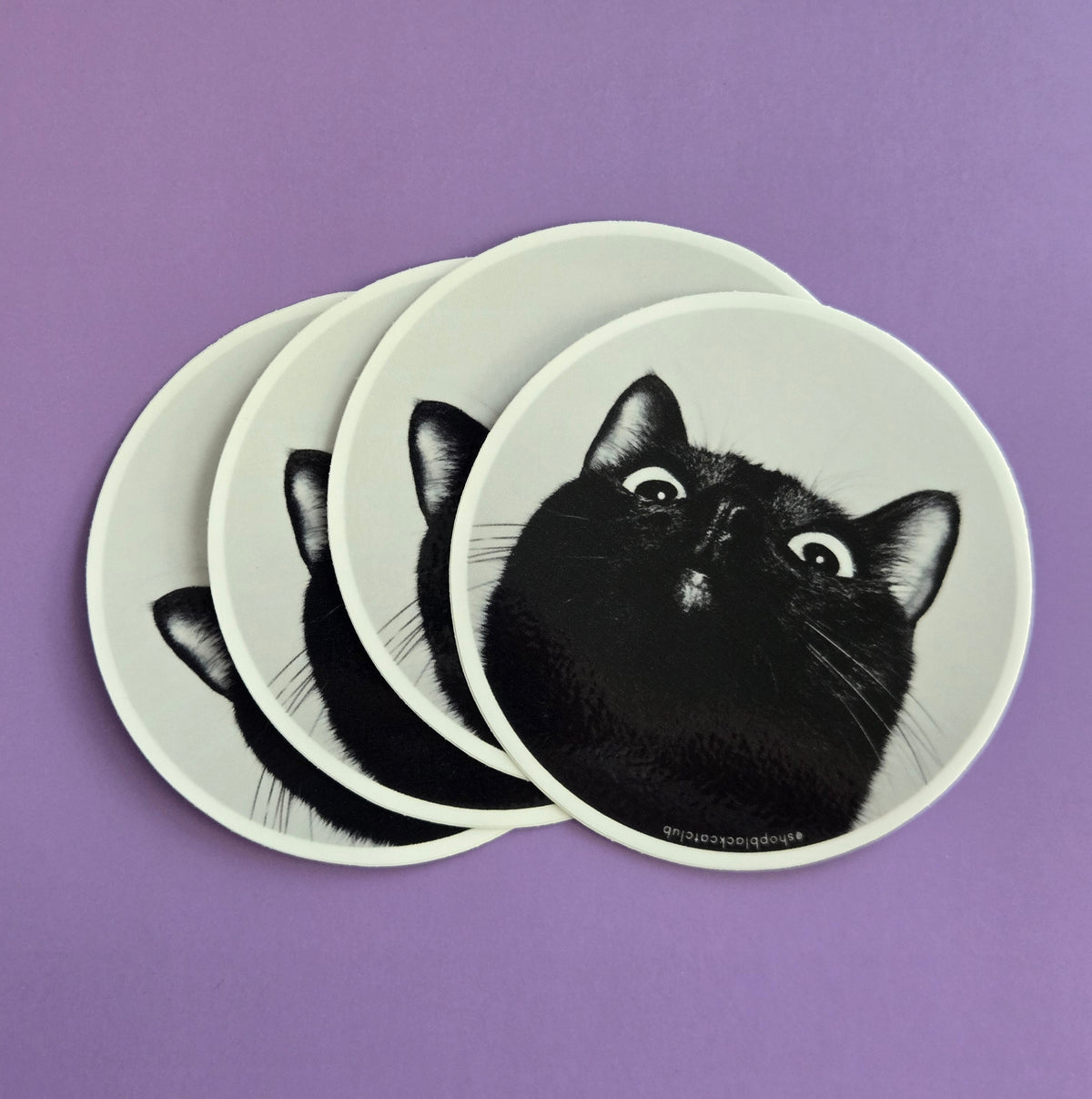 Stack of round stickers with a black and white cat photo on a purple background