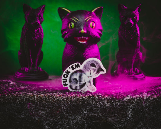 This image features a striking 3-inch sticker with the phrase "Fuck 'Em" displayed in a bold, white font against a black background. The sticker is showcased in a dramatic setting with purple and green lighting, enhancing its edgy appeal.