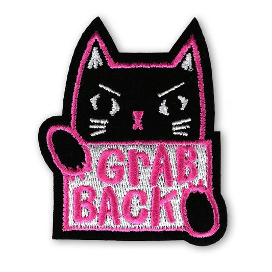 Embroidered patch with a black cat face and 'Grab Back' text on a white background