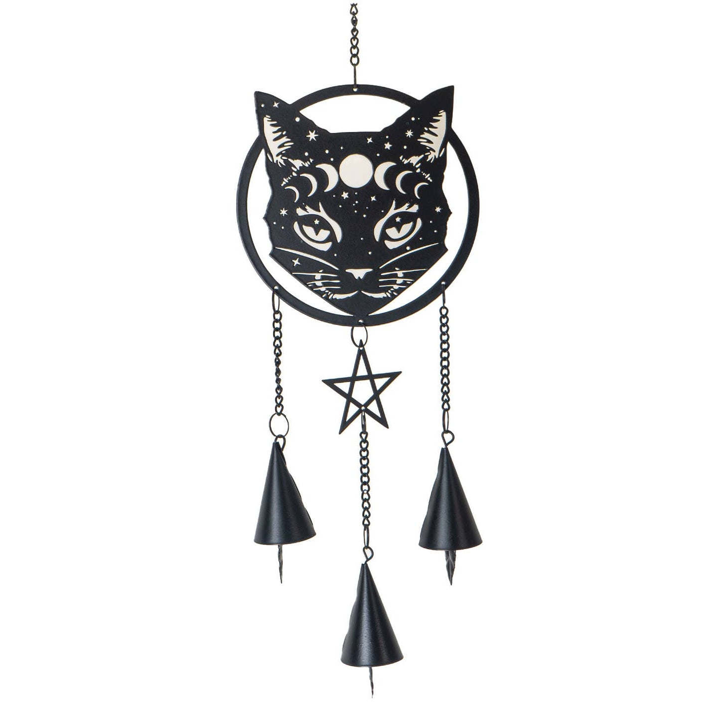 A black metal cat-shaped hanging decoration with a pentagram and dangling cones, set against a white background.