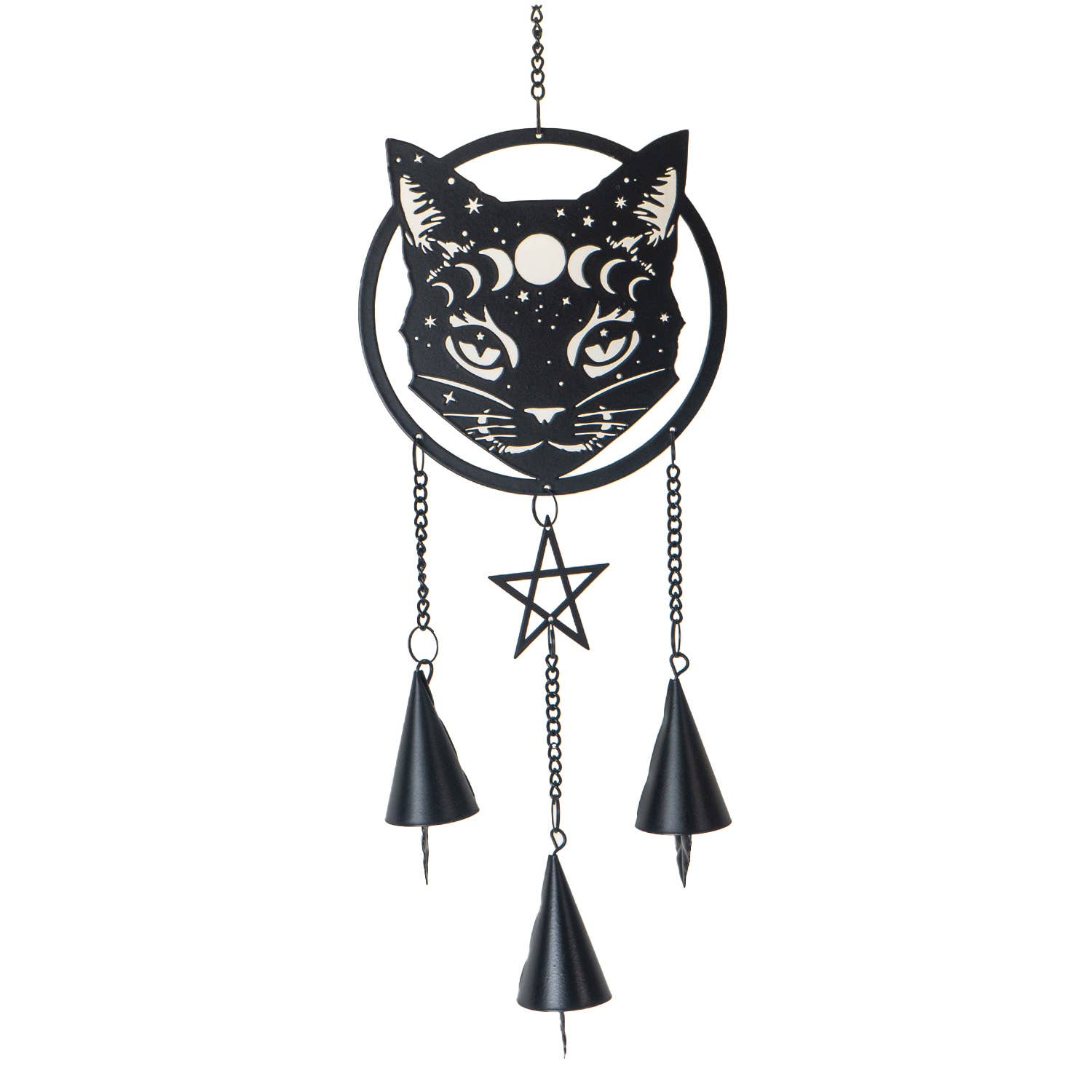 A black metal cat-shaped hanging decoration with a pentagram and dangling cones, set against a white background.