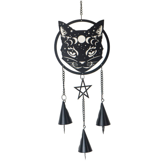A black metal cat-shaped hanging decoration with a pentagram and dangling cones, set against a white background.