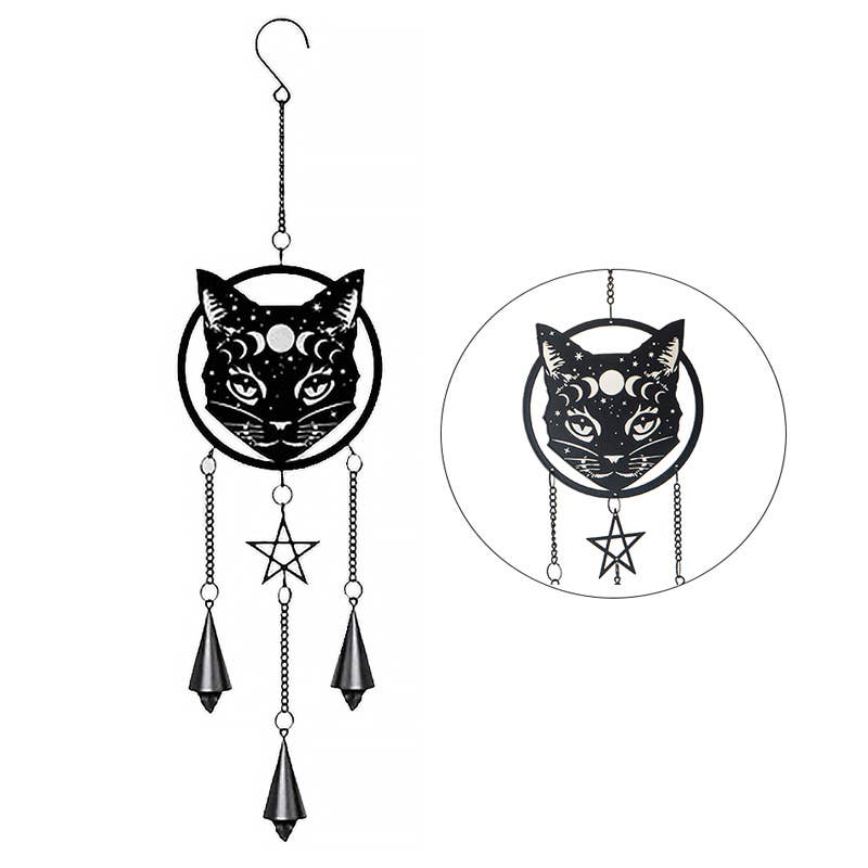 A black metal cat-shaped hanging decoration with a pentagram and dangling cones, set against a white background.