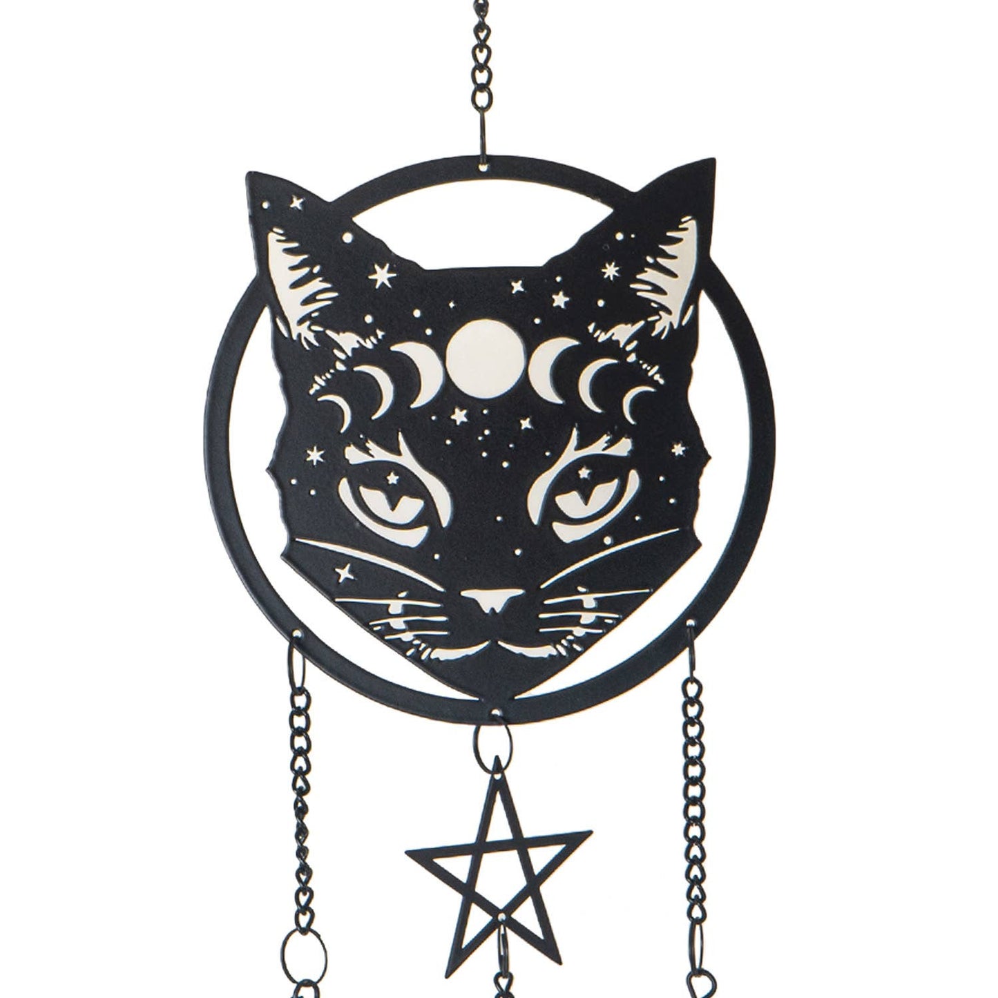 A black metal cat-shaped hanging decoration with a pentagram and dangling cones, set against a white background.