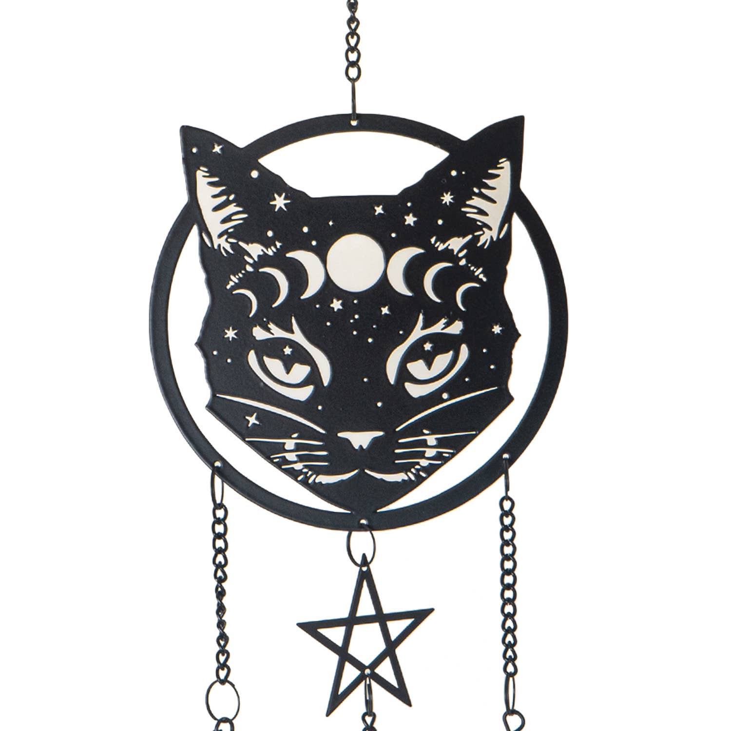 A black metal cat-shaped hanging decoration with a pentagram and dangling cones, set against a white background.