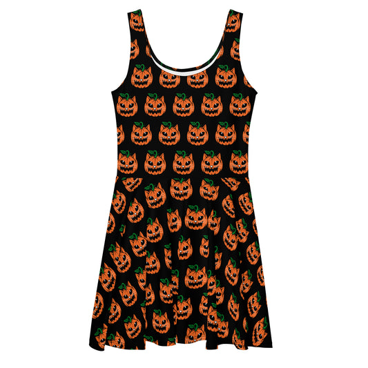 Skater dress, black with repeating pattern of a fierce cat faced orange jack o lantern with green vine top.