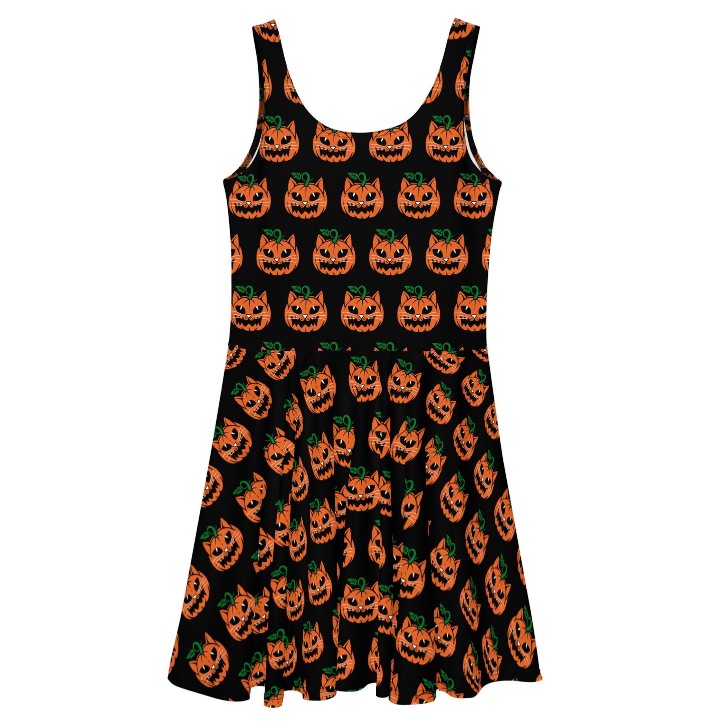 Skater dress, black with repeating pattern of a fierce cat faced orange jack o lantern with green vine top.