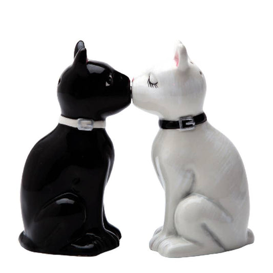 Black and white ceramic kissing cat salt and pepper shakers kissing on a white background