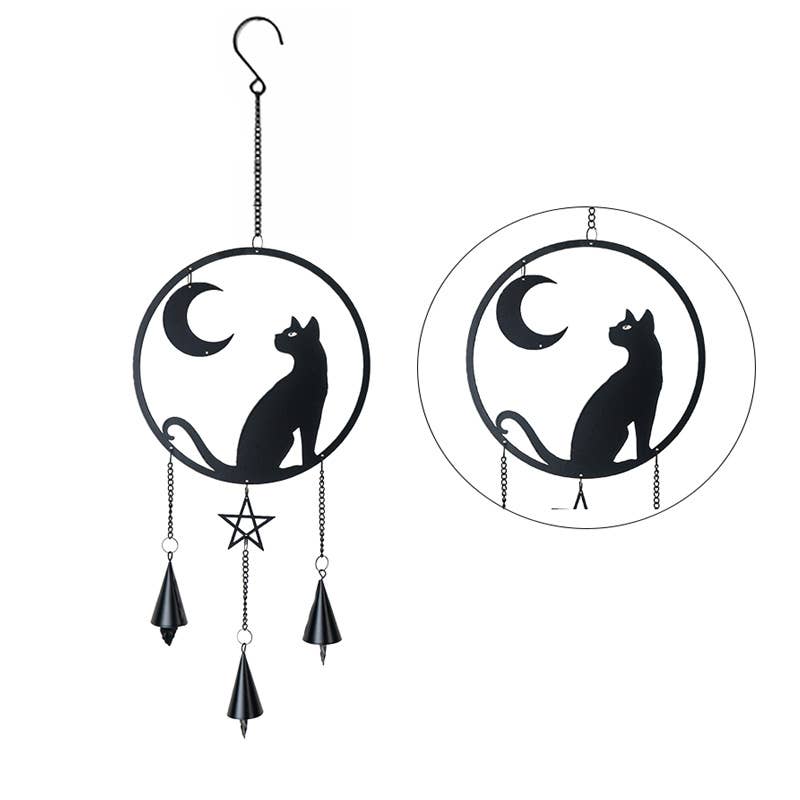 Decorative hanging black ornament with a cat and moon design on a white background