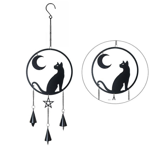 Decorative hanging black ornament with a cat and moon design on a white background