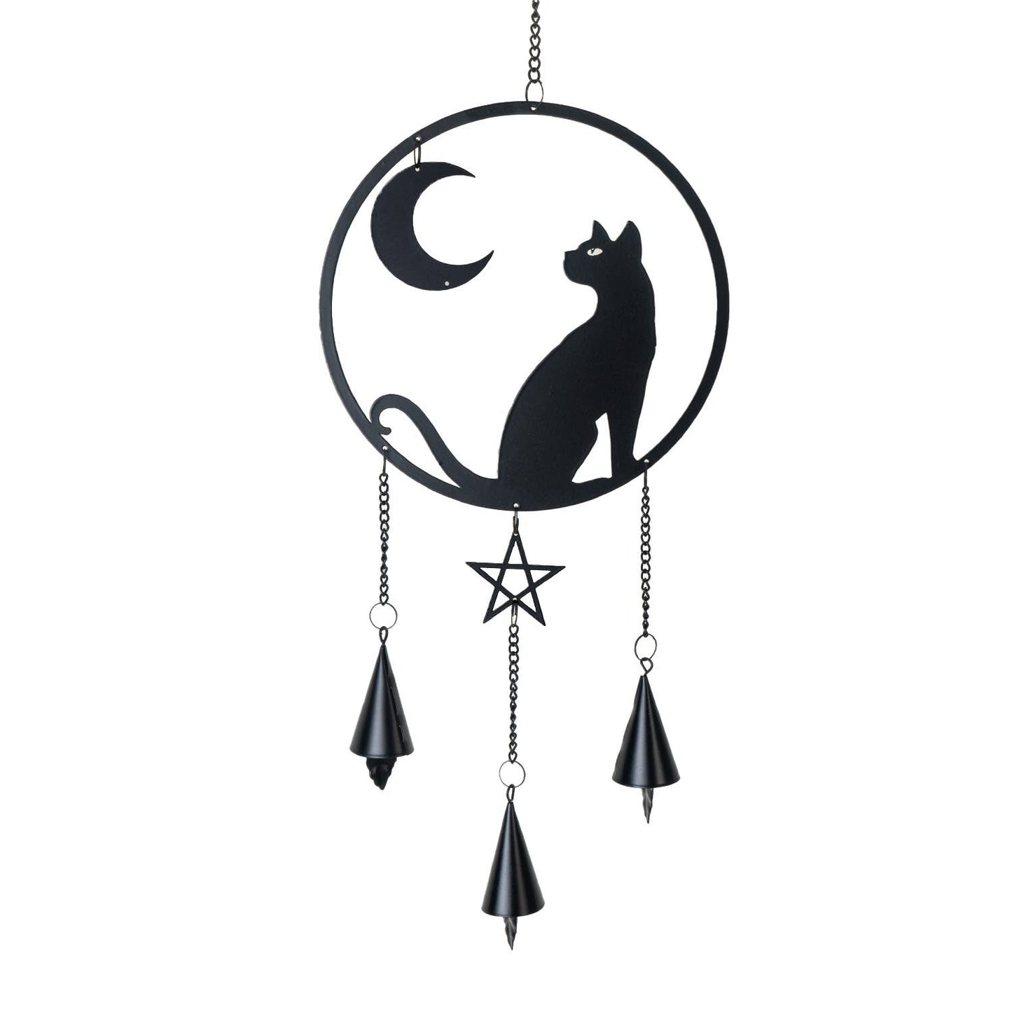 Black cat and moon design wind chime with hanging chains on a white background