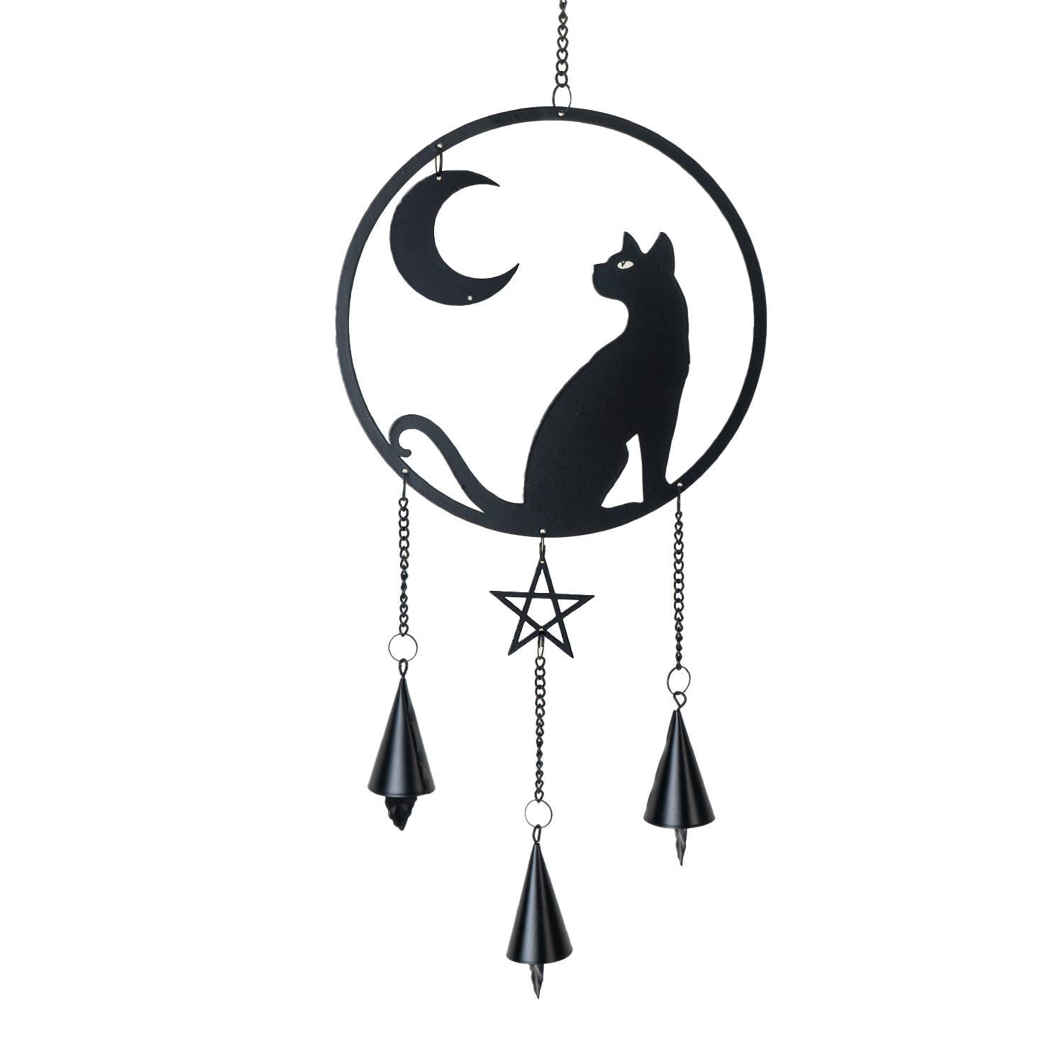 Black cat and moon design wind chime with hanging chains on a white background