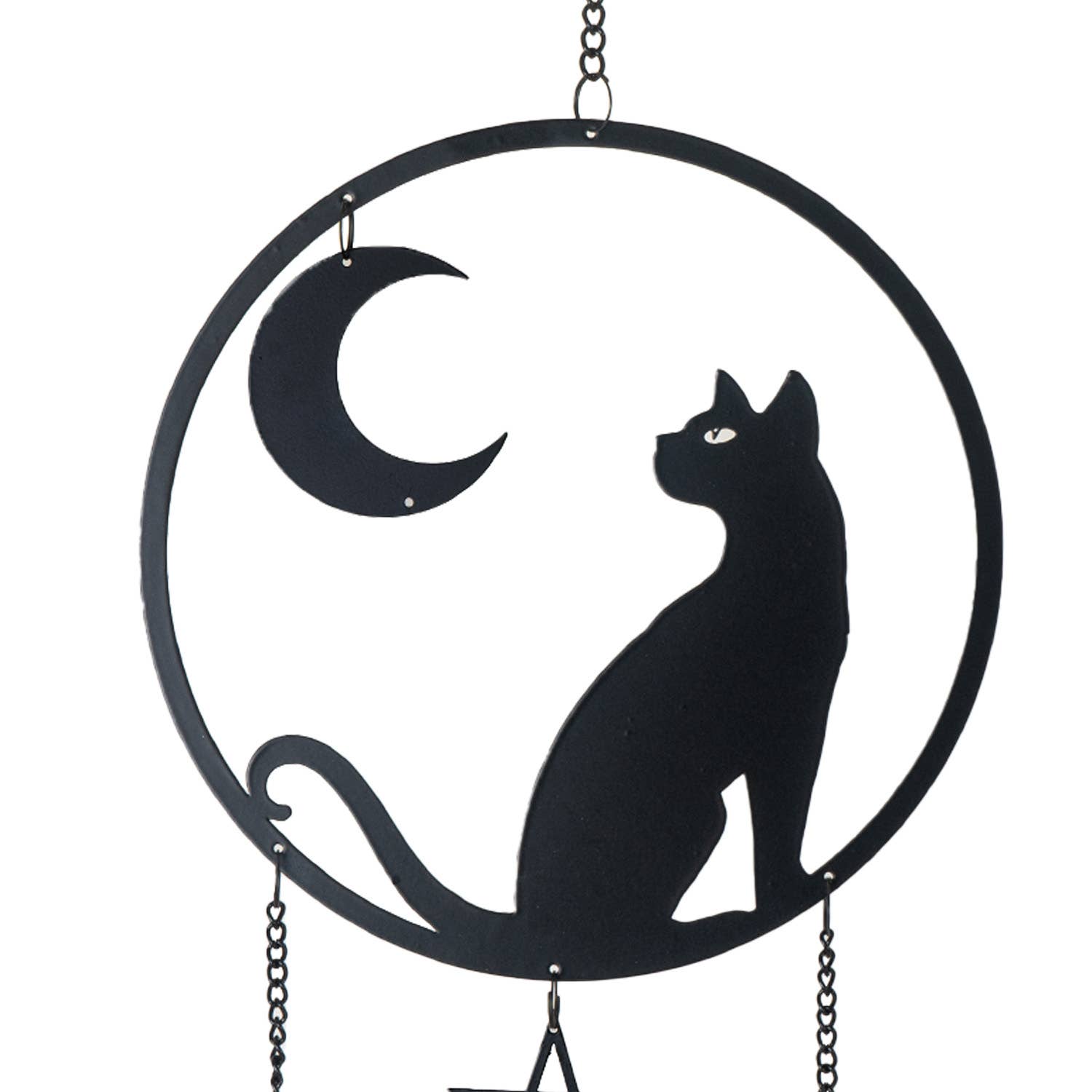 Decorative metal hanging decor with a black cat and moon design on a white background