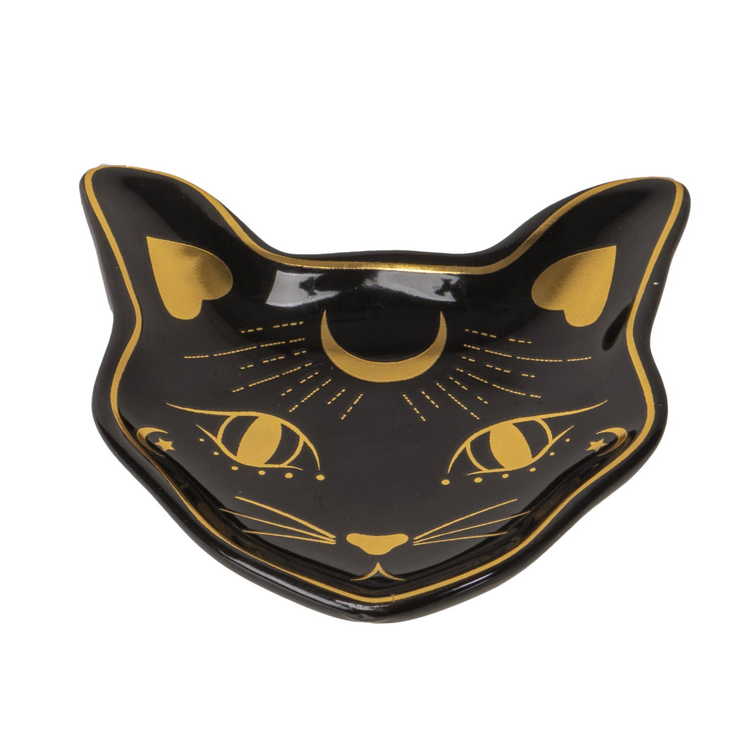 A black ceramic trinket dish with gold accents in the shape of a cat's head.