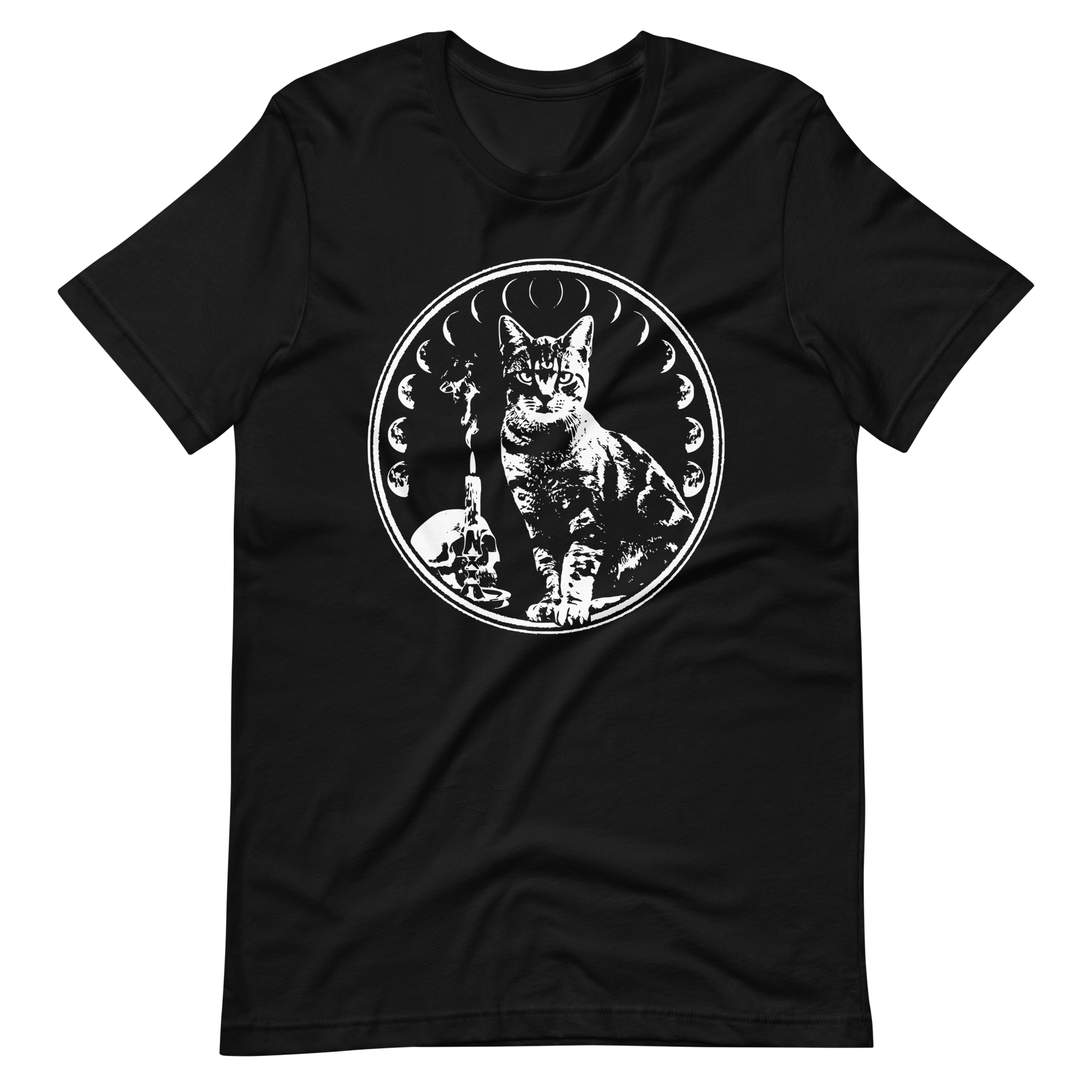 Black t-shirt with a white cat graphic and moon phases on a plain background
