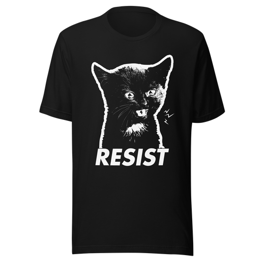 Black t-shirt with a cat graphic and 'RESIST' text on a white background
