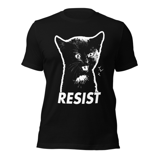 Black t-shirt with a graphic of a cat and the word 'RESIST' on a white background