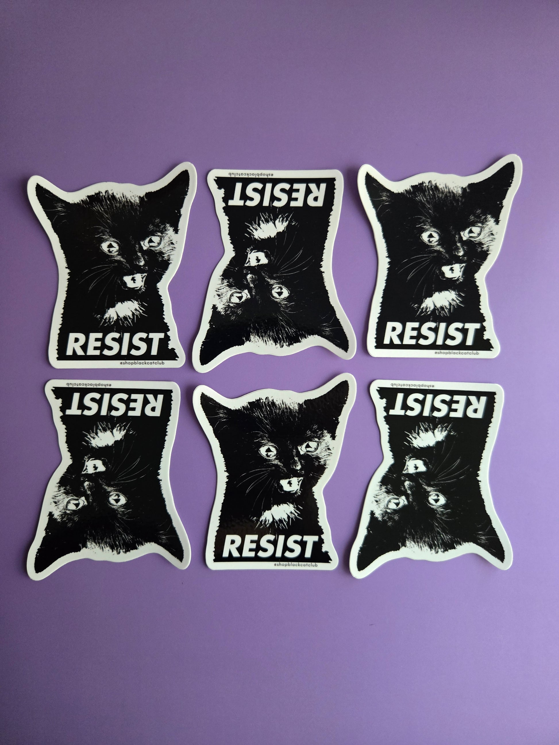 Six black and white cat-shaped stickers with 'RESIST' text on a purple background