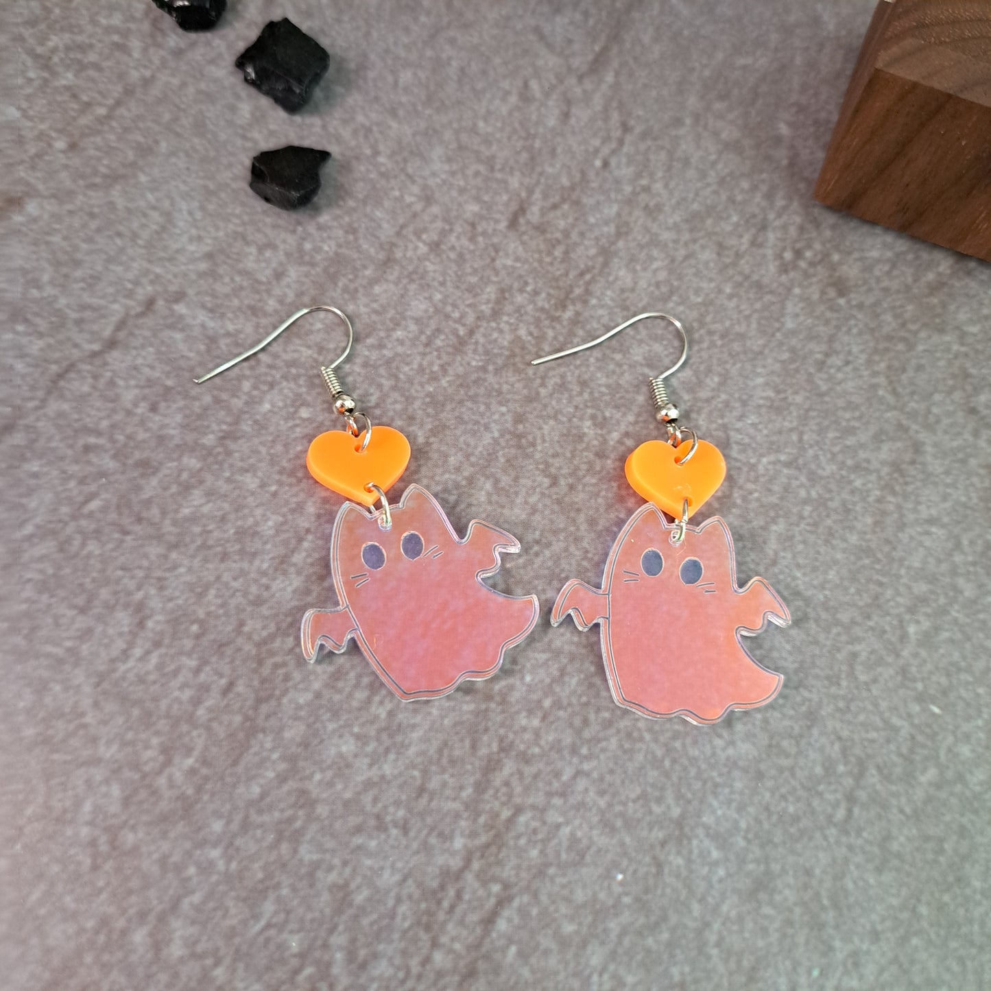 Kitty Ghosts with Orange Heart Dangle Earrings