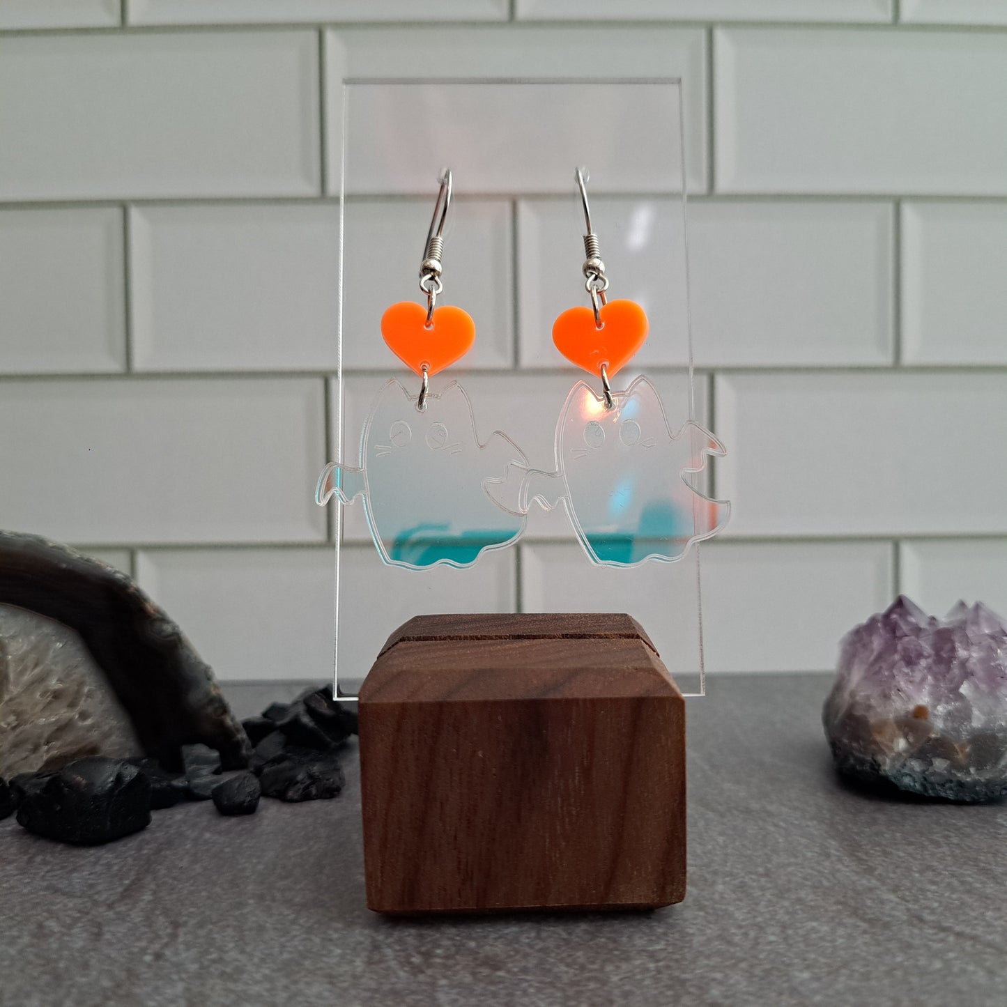 Kitty Ghosts with Orange Heart Dangle Earrings