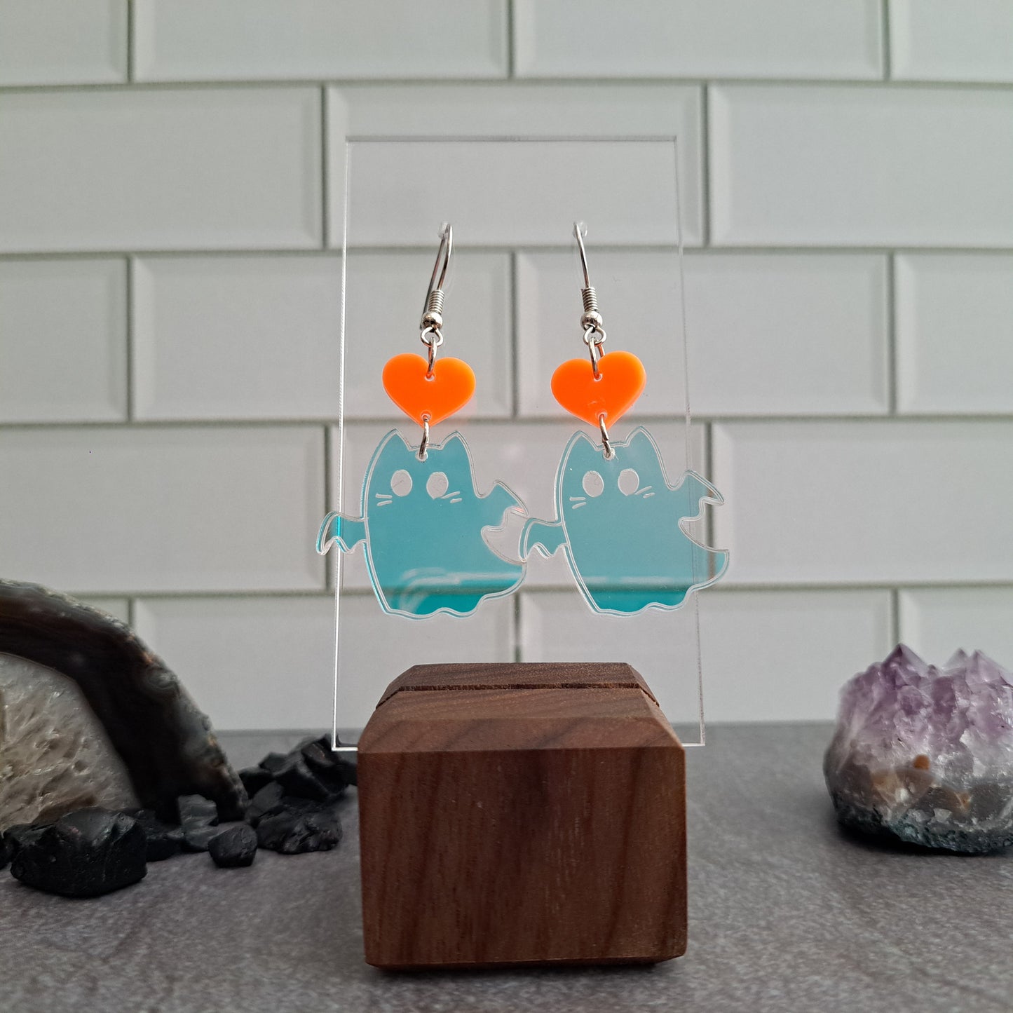 Kitty Ghosts with Orange Heart Dangle Earrings