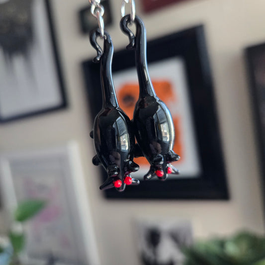 Art Glass Black Rats Dangle Earrings