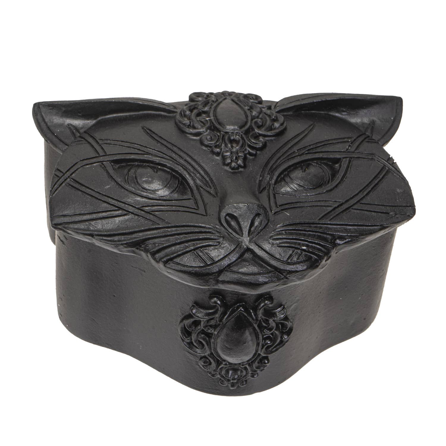 Black cat-shaped decorative box with intricate designs on a white background