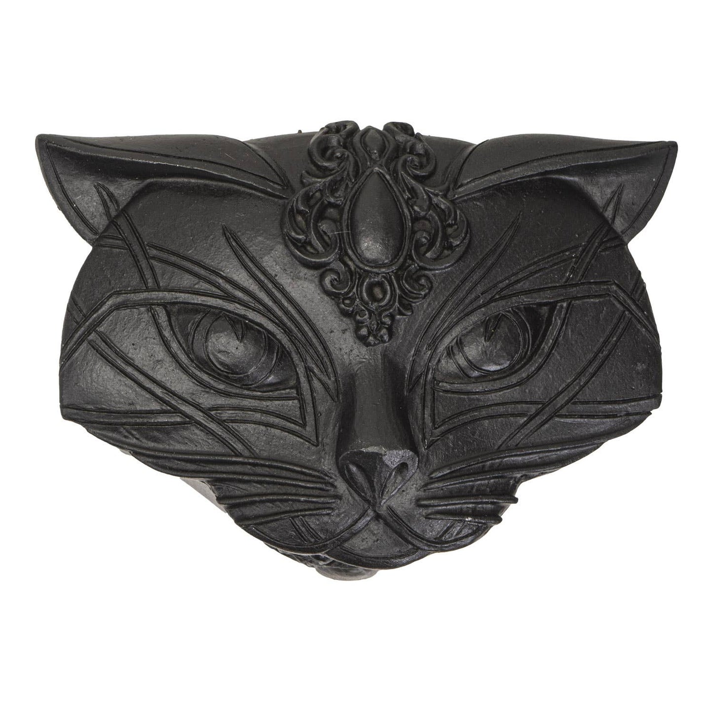 Black cat-shaped decorative trinket box lid with intricate details on a white background