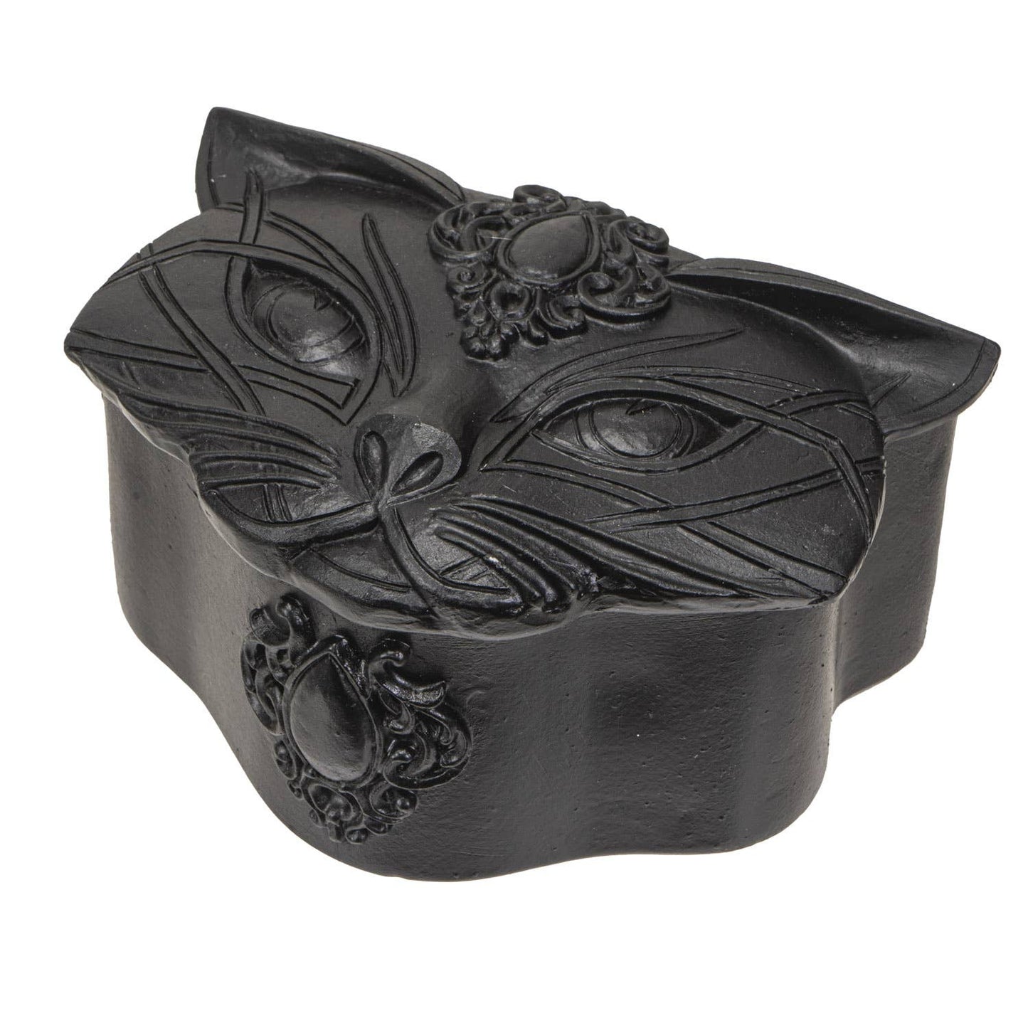 Black cat-shaped container with decorative elements on a white background