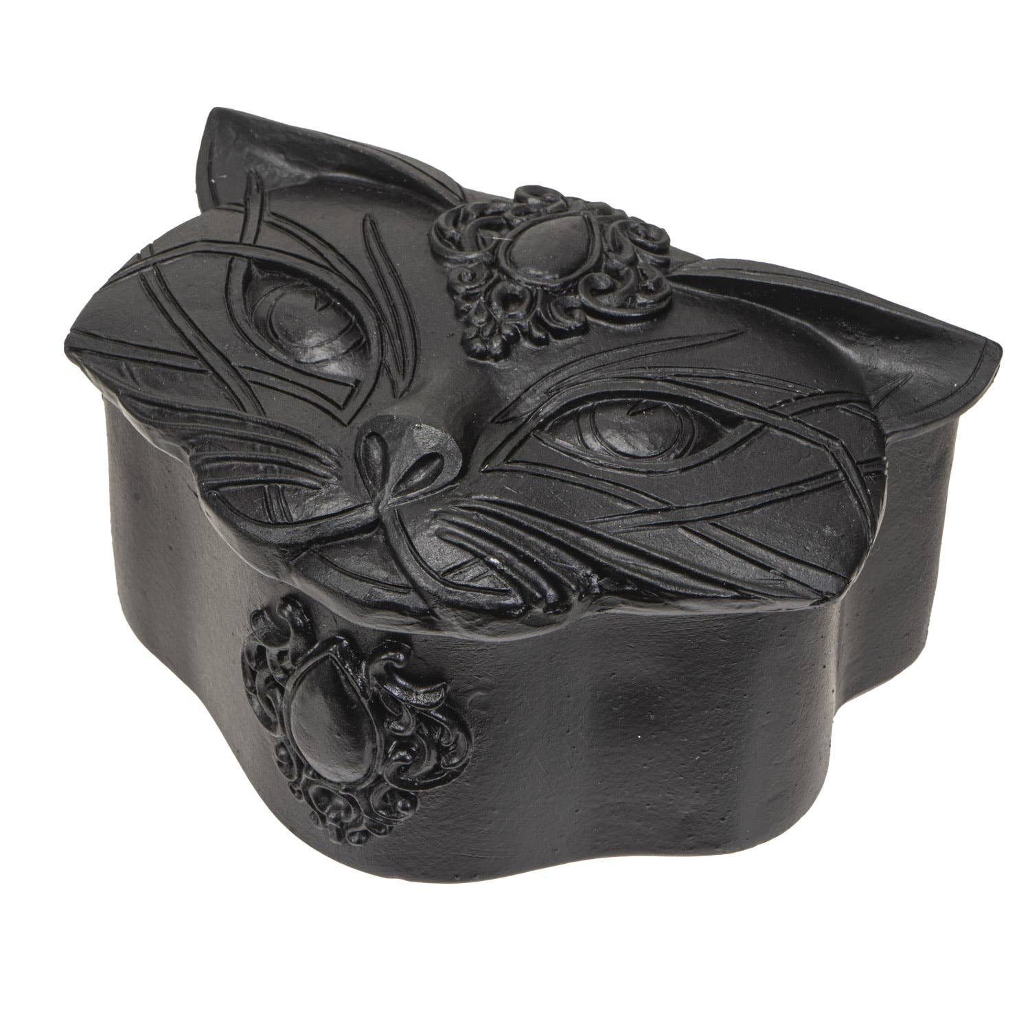 Black cat-shaped container with decorative elements on a white background