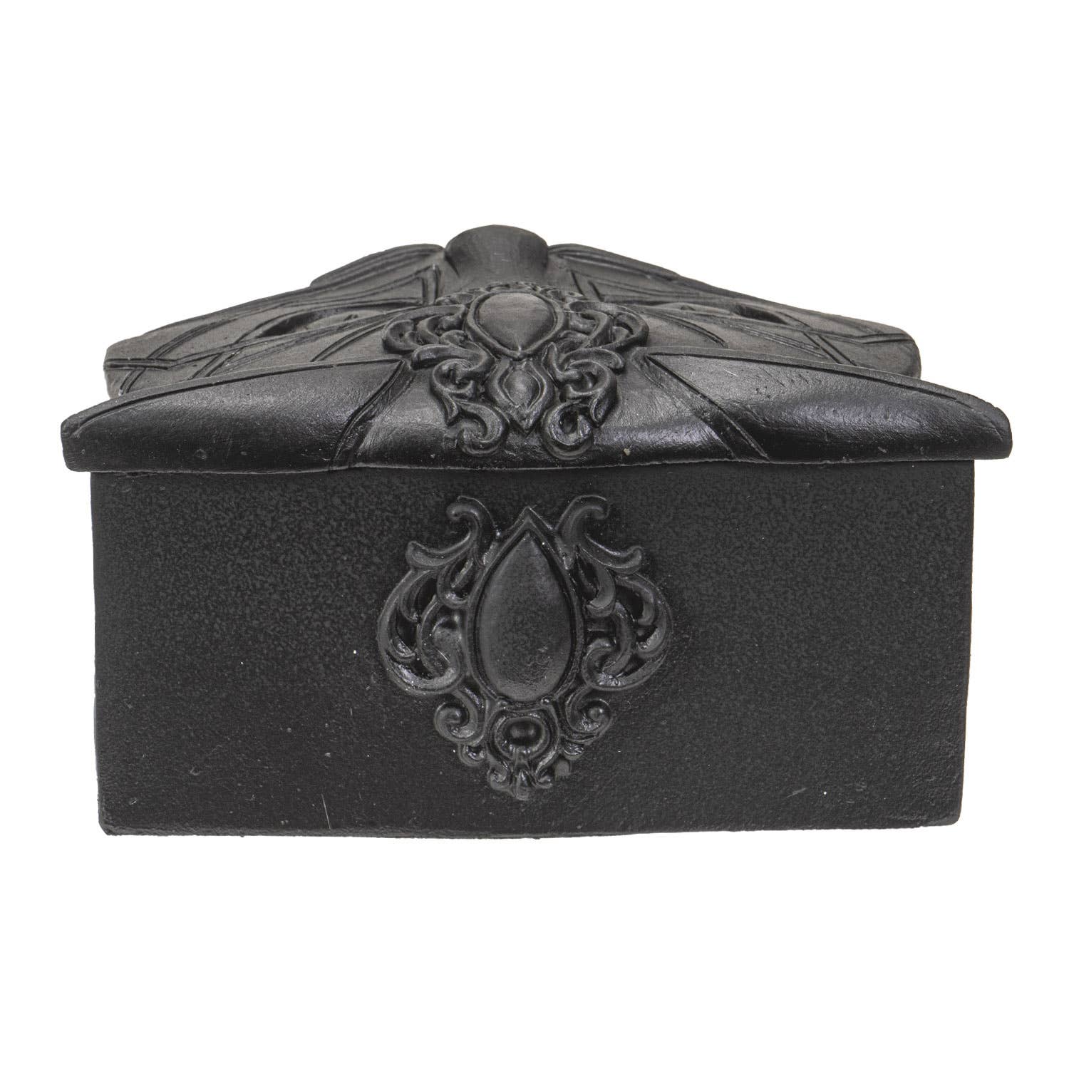 Black cat shaped decorative box with intricate patterns on a white background