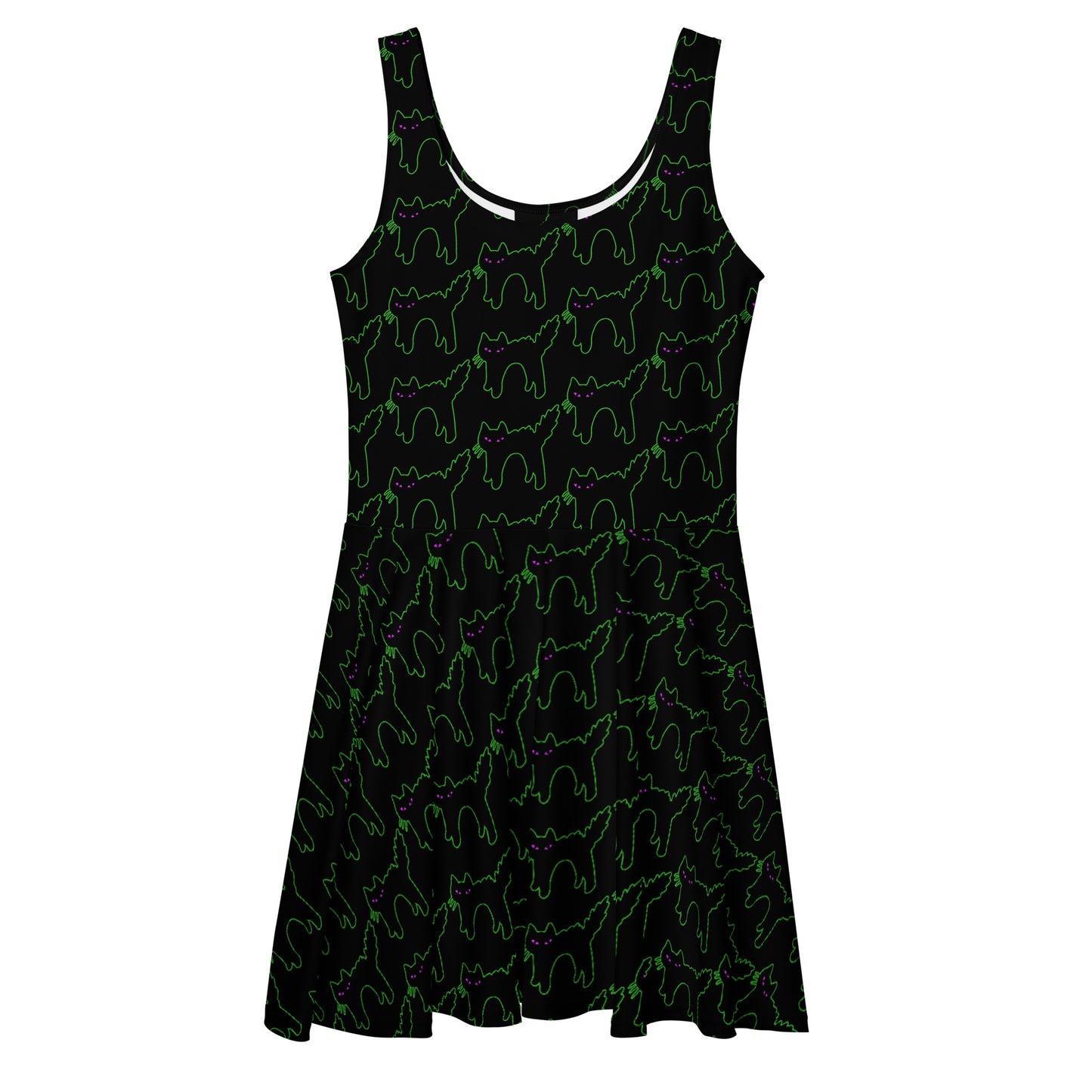 Skater dress, black with repeating pattern of a Halloween style arched back black cat outlined in neon green with purple eyes.