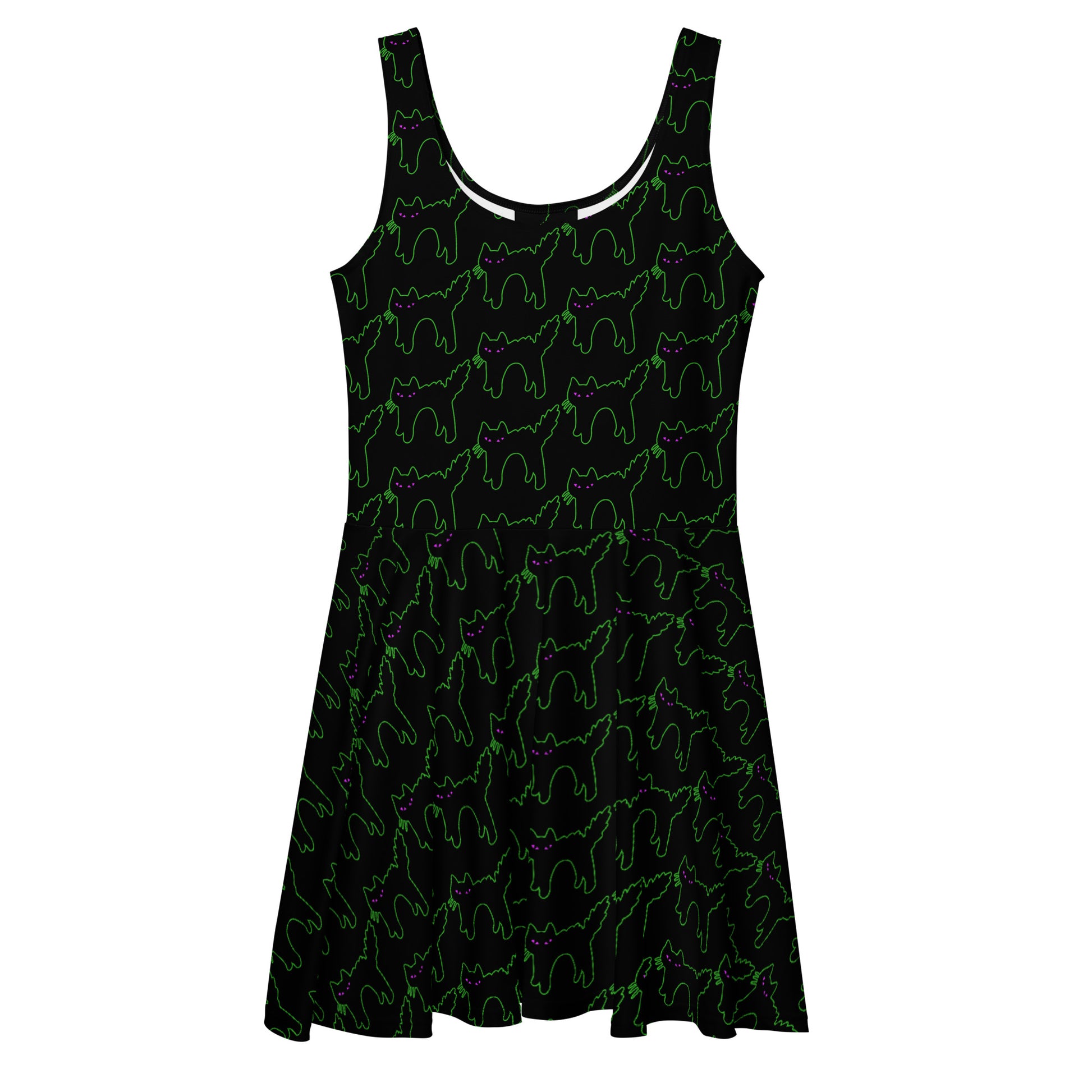 Skater dress, black with repeating pattern of a Halloween style arched back black cat outlined in neon green with purple eyes.