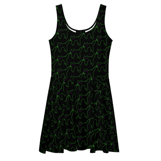 Skater dress, black with repeating pattern of a Halloween style arched back black cat outlined in neon green with purple eyes.