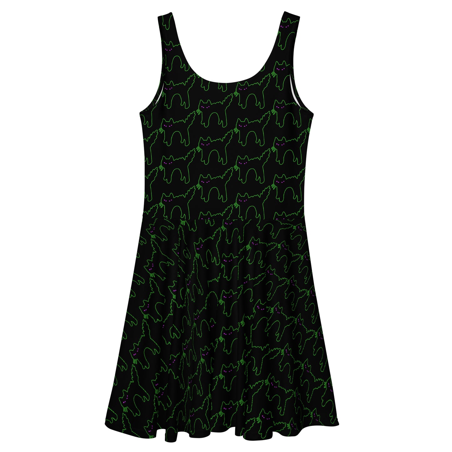 Skater dress, black with repeating pattern of a Halloween style arched back black cat outlined in neon green with purple eyes.