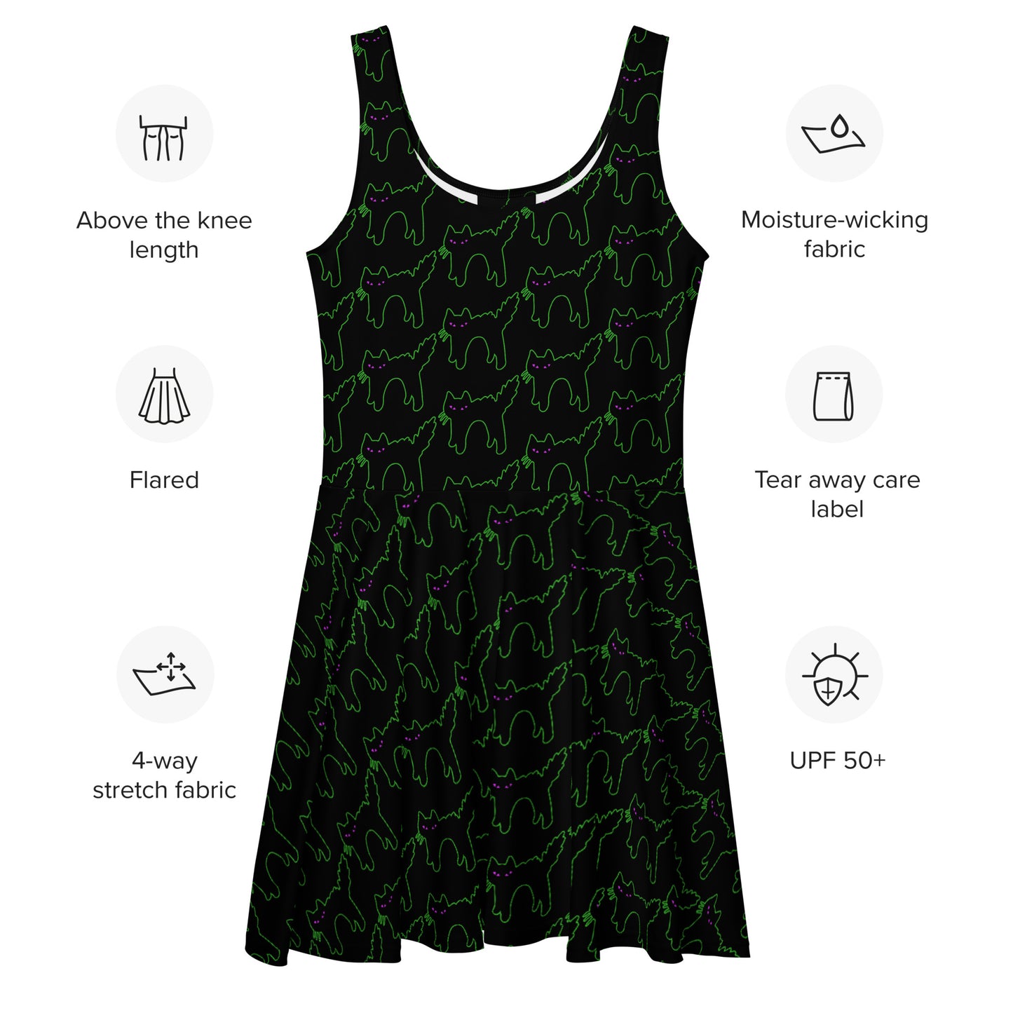 Skater dress, black with repeating pattern of a Halloween style arched back black cat outlined in neon green with purple eyes.