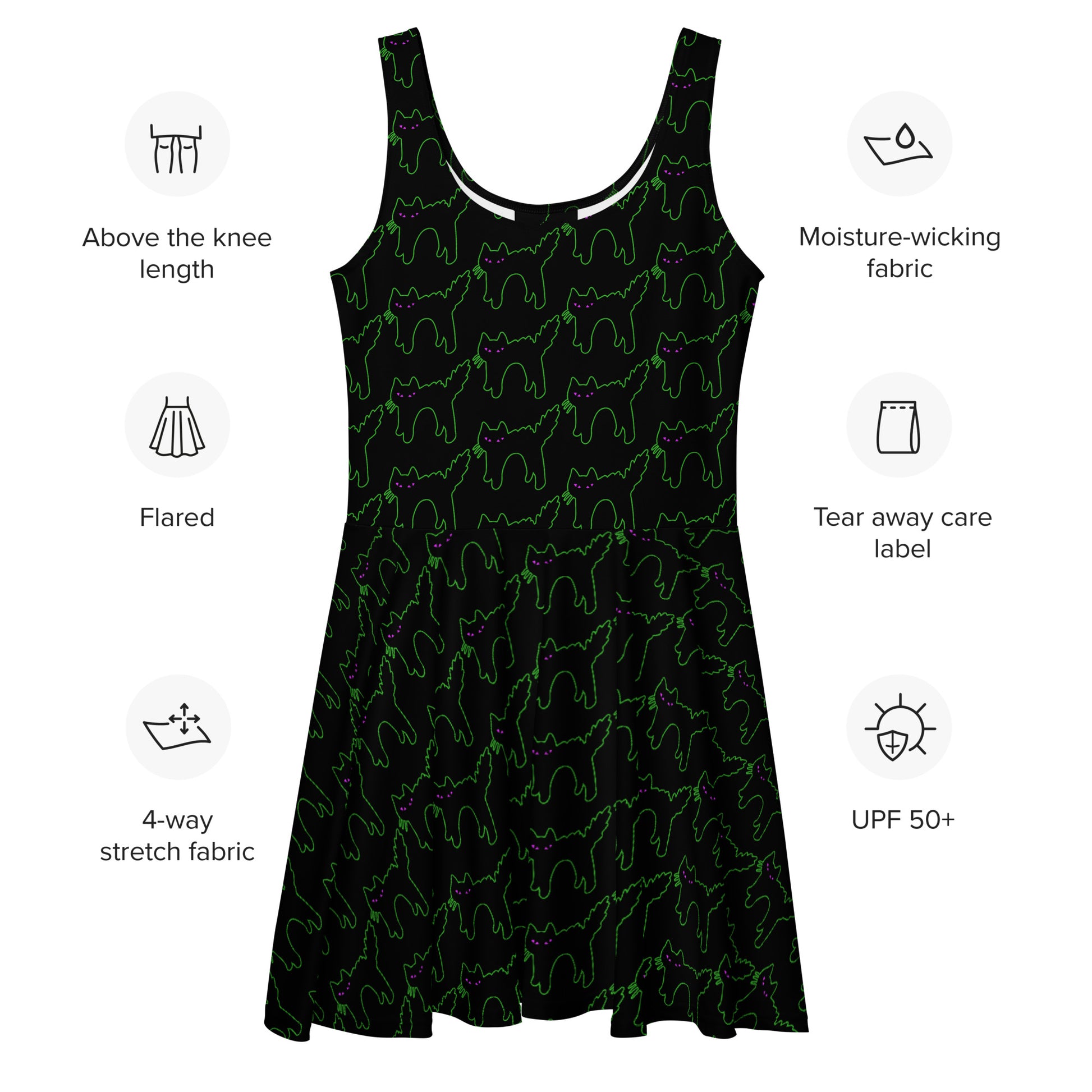 Skater dress, black with repeating pattern of a Halloween style arched back black cat outlined in neon green with purple eyes.