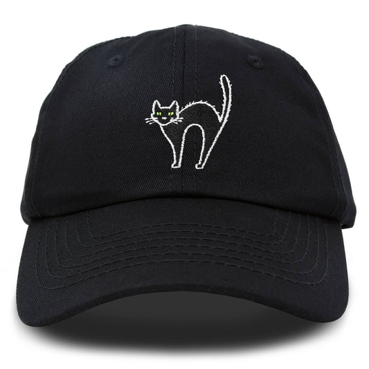 Black baseball cap with a white embroidered design of a cat with arched back and green eyes.