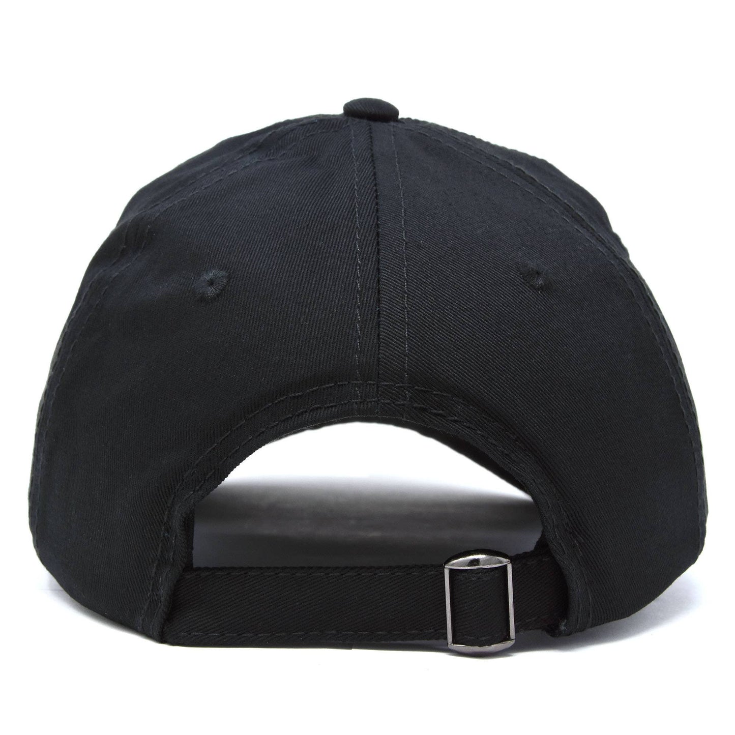 Back view of black baseball cap with a white embroidered design of a cat with arched back and green eyes.