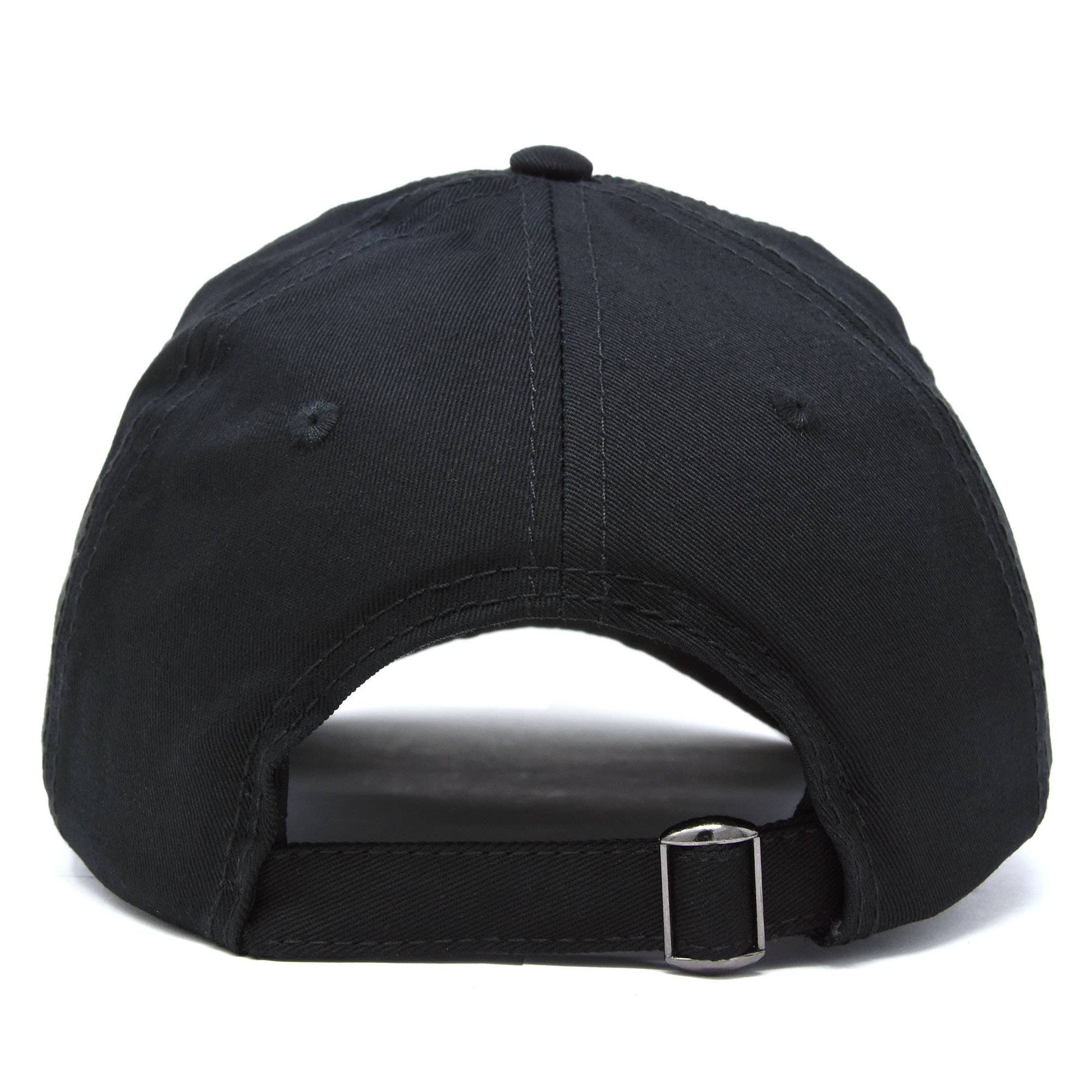 Back view of black baseball cap with a white embroidered design of a cat with arched back and green eyes.