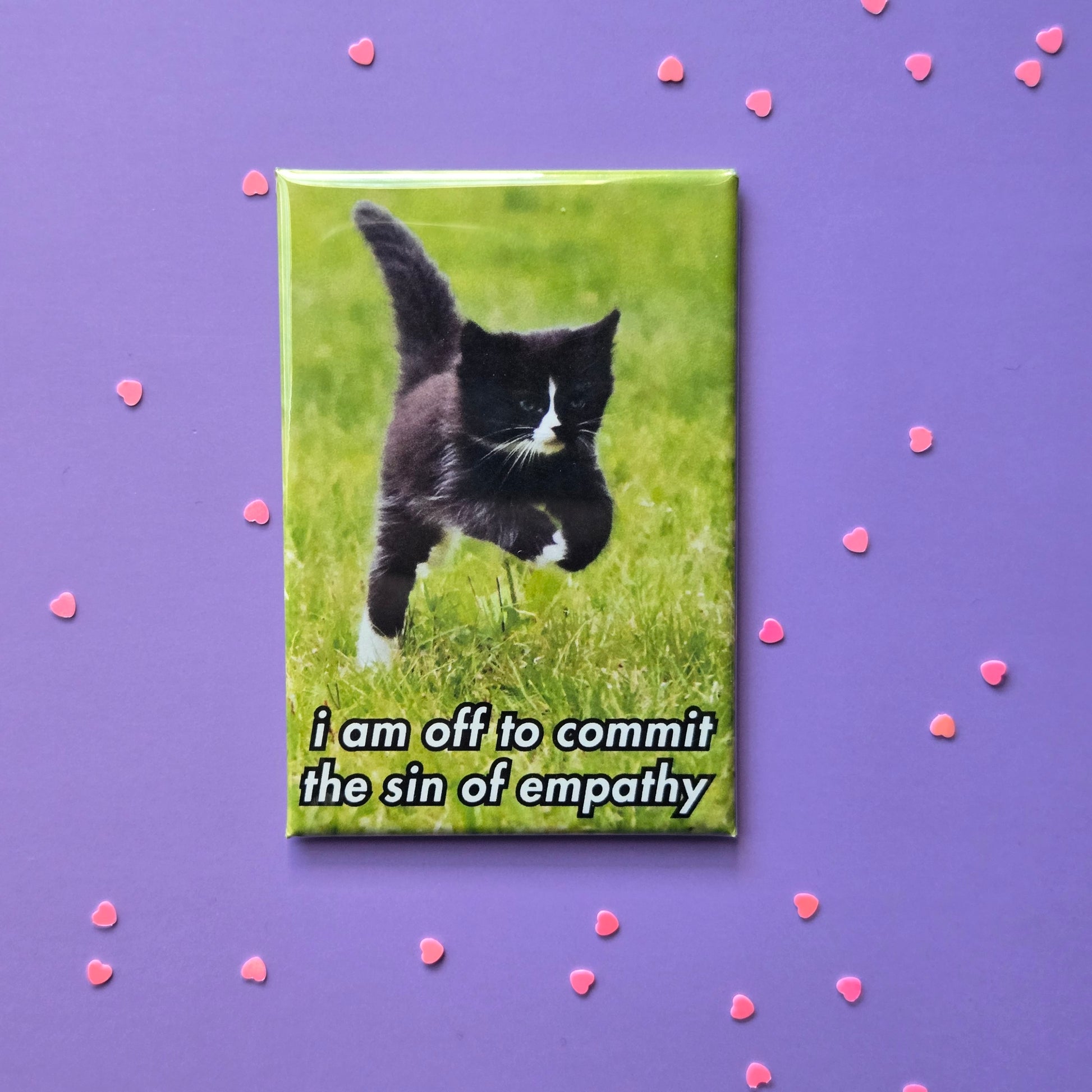 A fridge magnet featuring a black cat running on grass with the text 'i am off to commit the sin of empathy'.