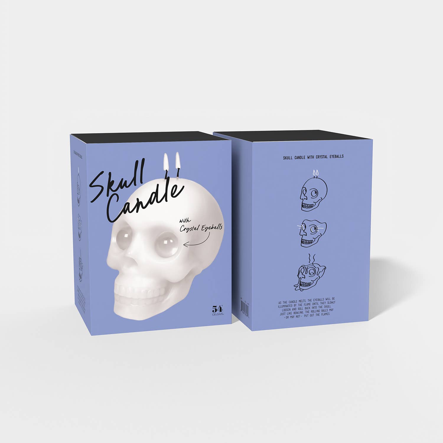 A product box set for a 'Skull Candle' featuring a white skull illustration on the front and three line-art skull diagrams on the back, set against a light gray background.