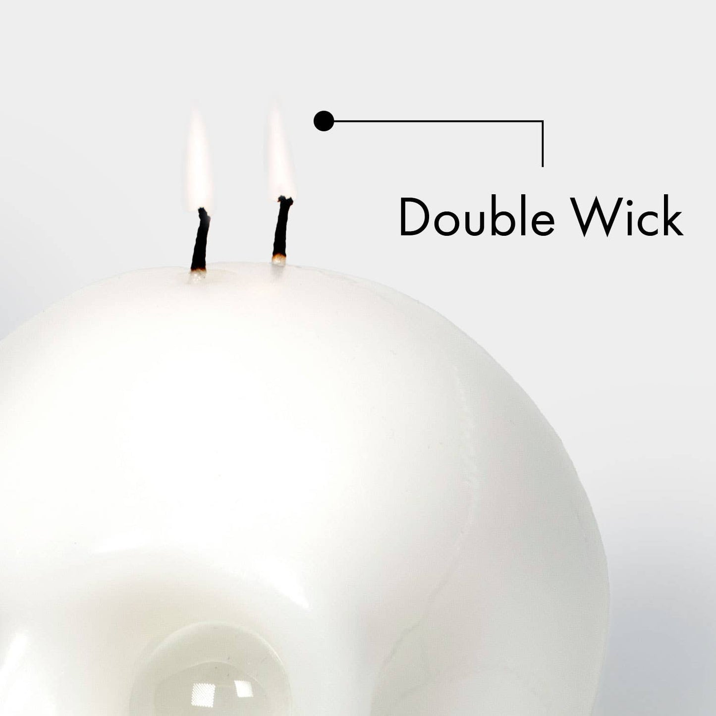 A close-up of a white double-wick candle with two lit wicks and overlaid text reading 'Double Wick' on a light gray background.