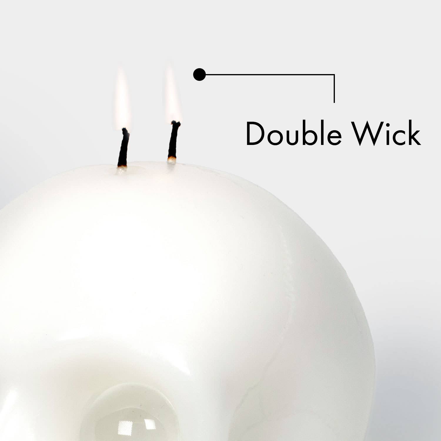 A close-up of a white double-wick candle with two lit wicks and overlaid text reading 'Double Wick' on a light gray background.