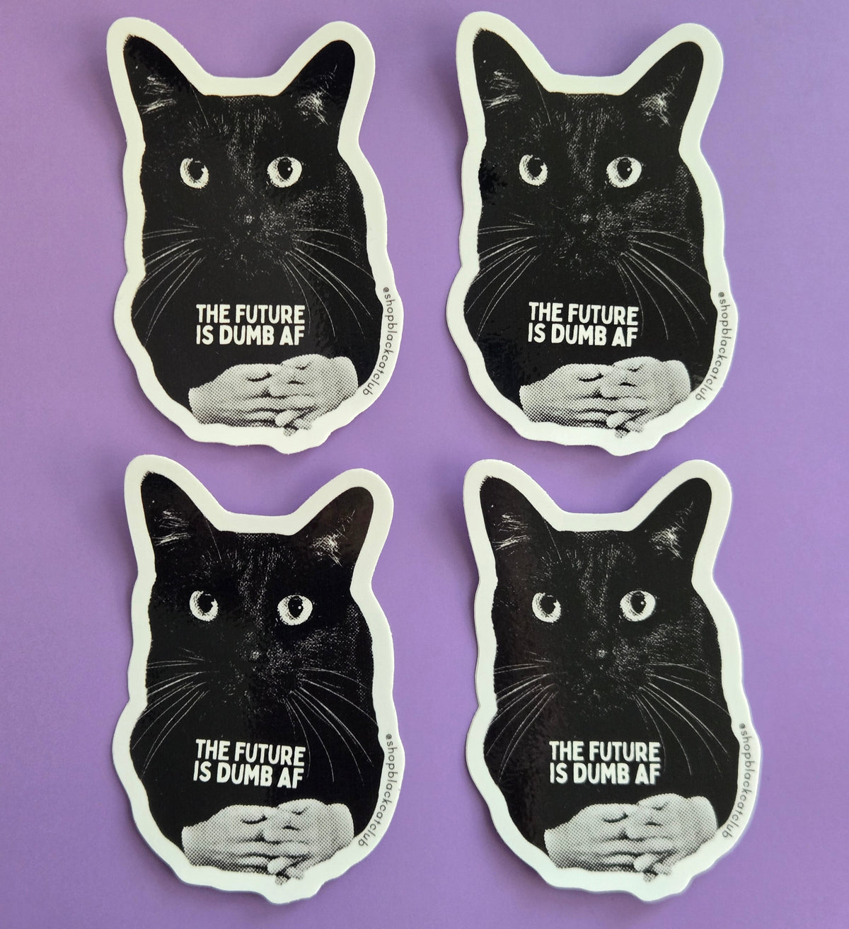 Black cat-shaped sticker with text 'THE FUTURE IS DUMB AF" on a purple background