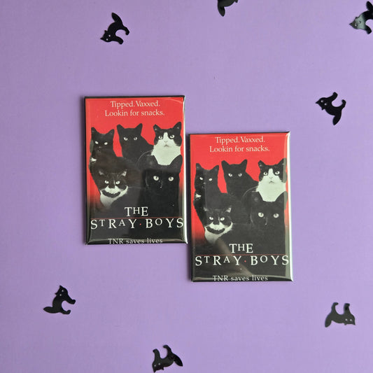 Two rectangular magnets with 'The Stray Boys' and all cat parody of The Lost Boys. displayed on a purple background with black cat illustrations.